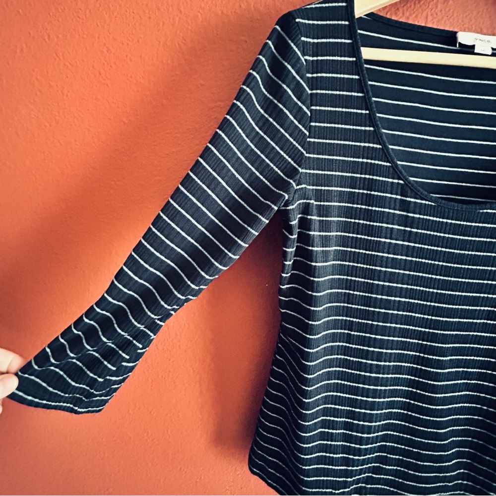 VINCE Womens Deep Marine Lake Soft Ribbed Scoop Neck Striped 3/4 Sleeve Tee Sz L